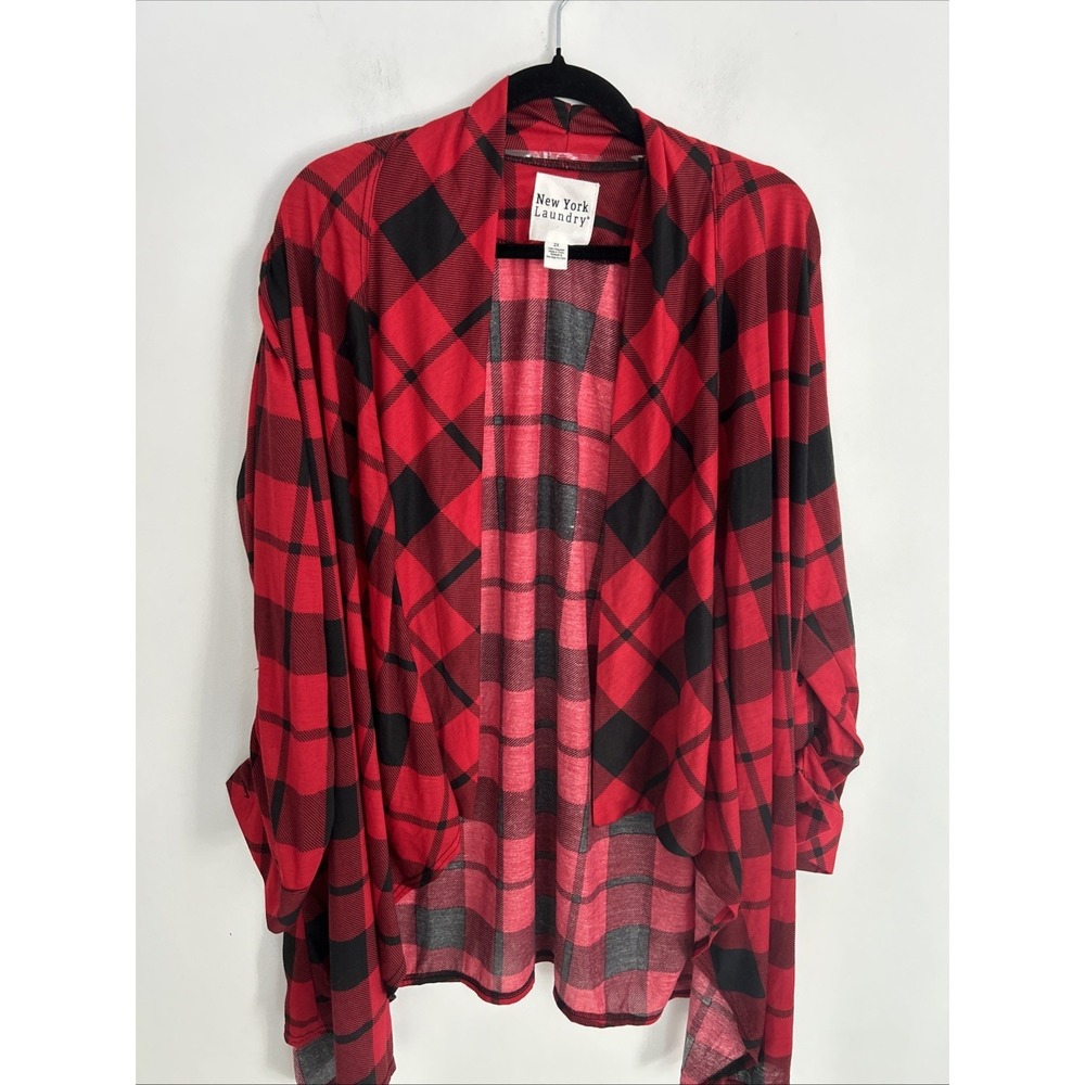 New York Laundry NWT‎ Sz 2X Red & Black Tartan Plaid Open Front Cardigan